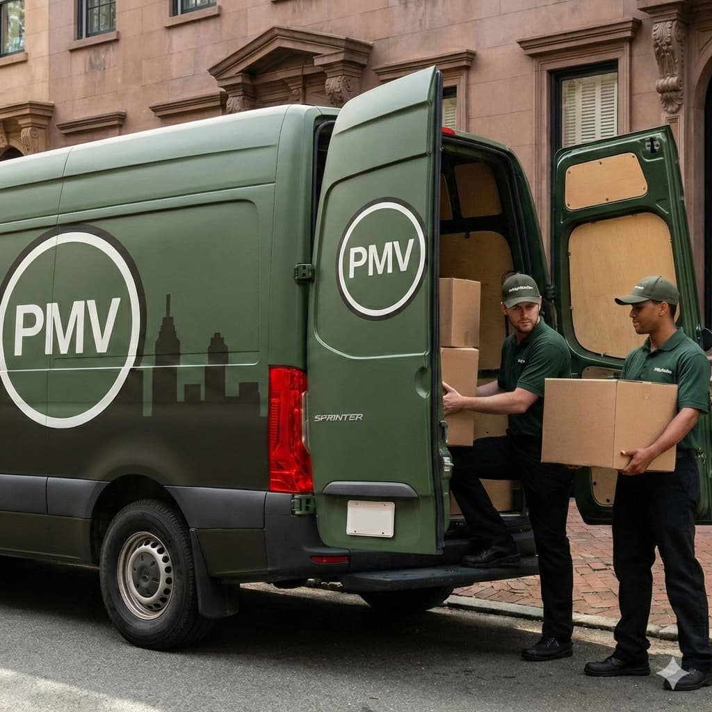 Clean branded cargo van parked on a narrow Philadelphia street