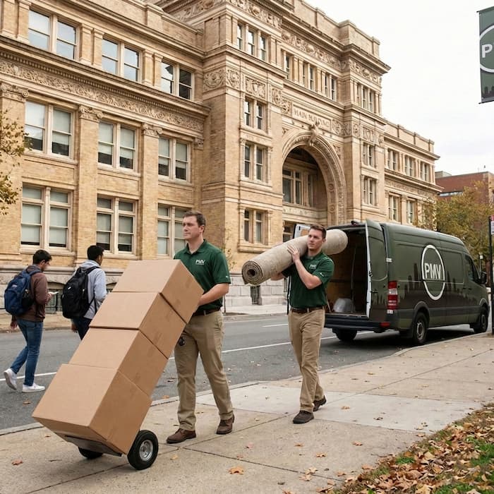 Student move boxes and essentials near a university building in Philadelphia